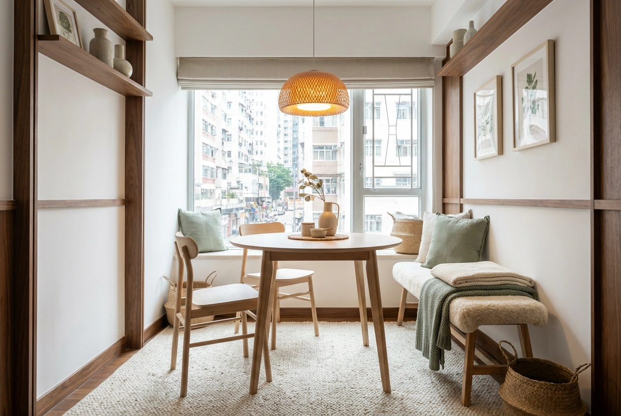 Scandinavian Hong Kong dining nook layering wool, cotton and warm wood with warm light so the bright scheme stays cosy not clinical