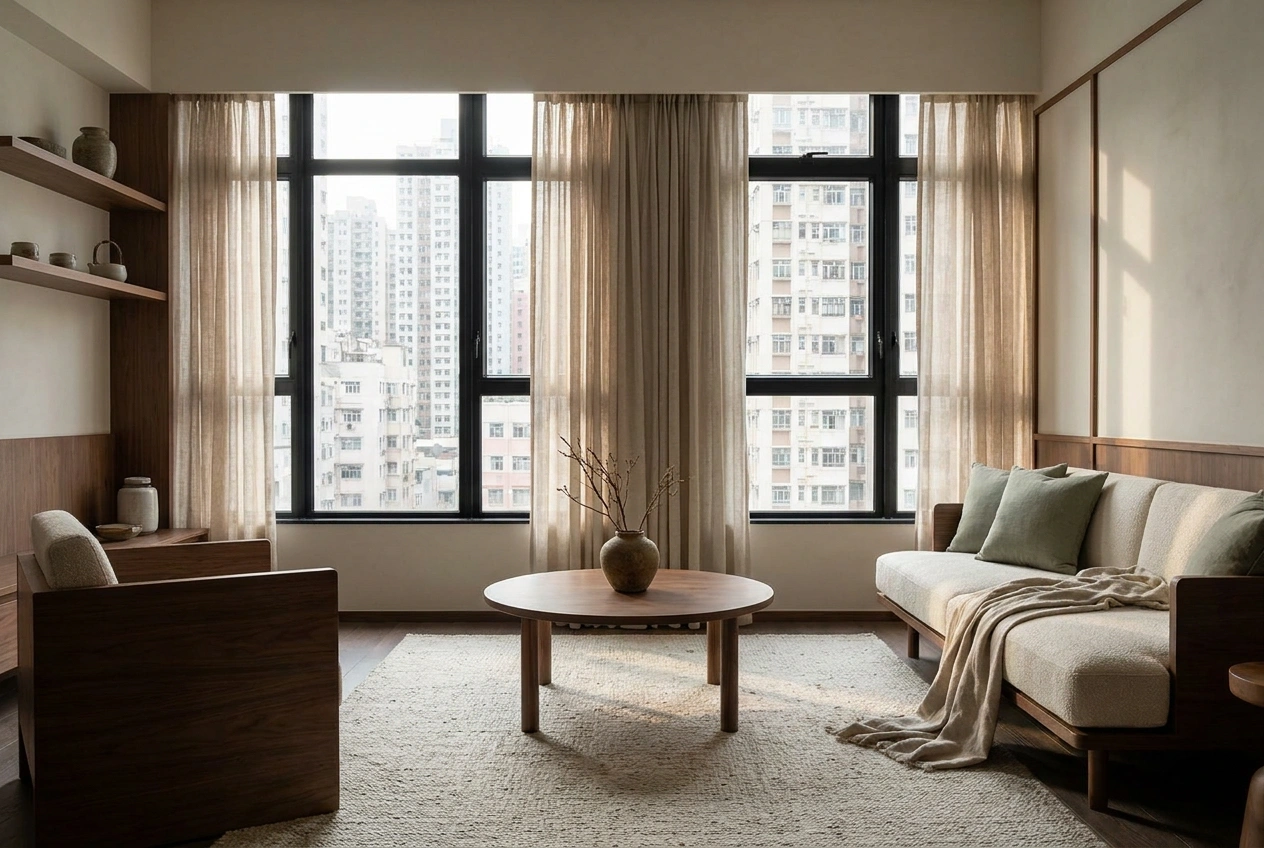 Scandinavian base interior in a Hong Kong flat tuned toward Japandi with a more muted serene palette while keeping warm wood