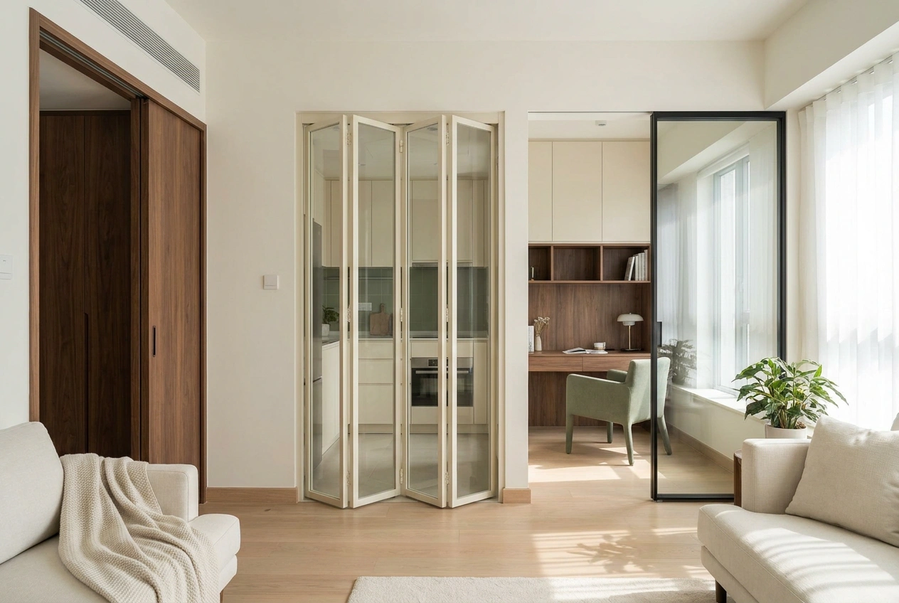 Sliding door types in a Hong Kong flat, a standard track panel, a bi-fold panel and a top-hung glazed door dividing rooms