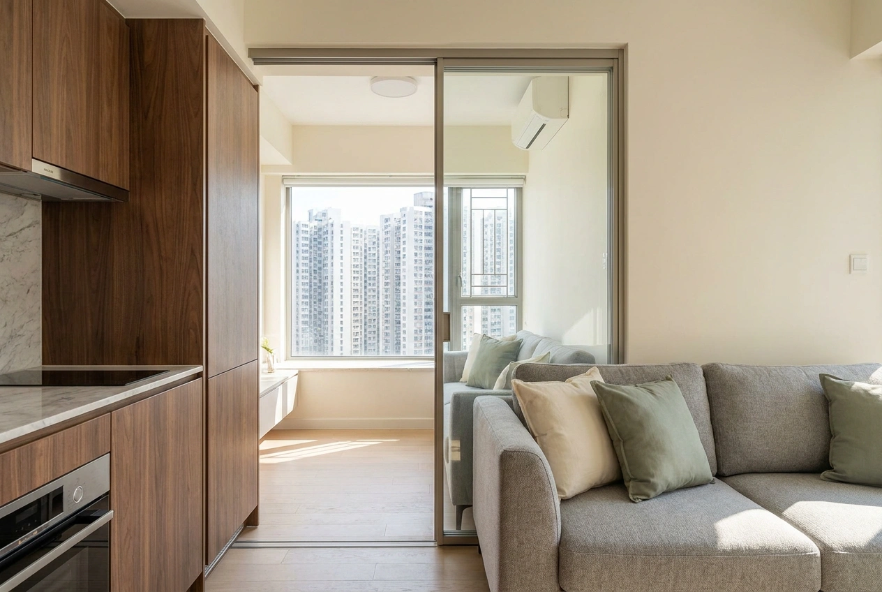 A glass sliding door open between a Hong Kong kitchen and living room, showing how it zones two spaces without a swing taking floor