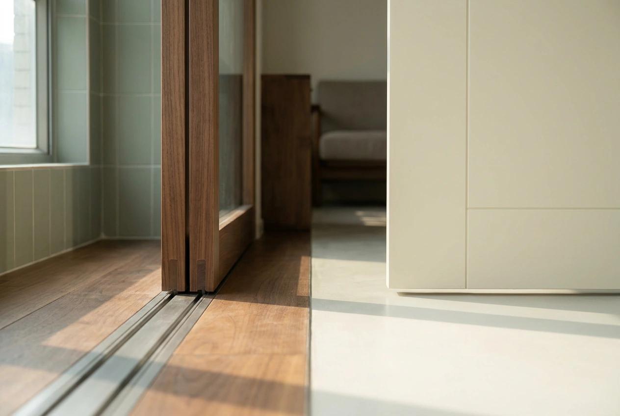 Comparison detail in a Hong Kong flat of a recessed floor track sliding door beside a top-hung door with a flush clean threshold