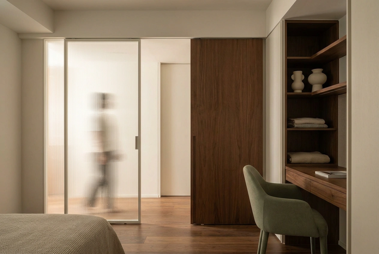 A Hong Kong flat pairing a fluted glass sliding door that borrows light with a solid timber sliding panel screening a bedroom