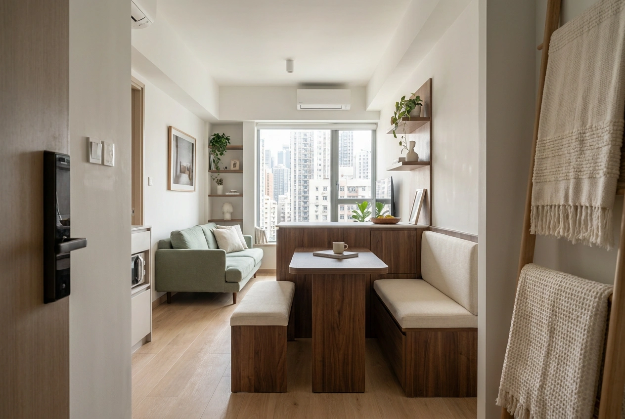 Floor-to-ceiling built-in shelving that maximises storage in a small Hong Kong flat