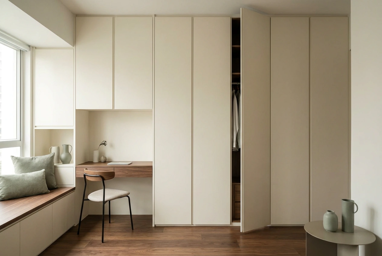 Floor-to-ceiling concealed built-in storage in a small Hong Kong flat, flush handleless panels blending into the wall to keep the room visually quiet