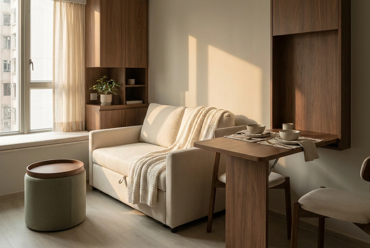 Multifunctional furniture in a small Hong Kong living room with an extendable dining table and a sofa that converts to a guest bed
