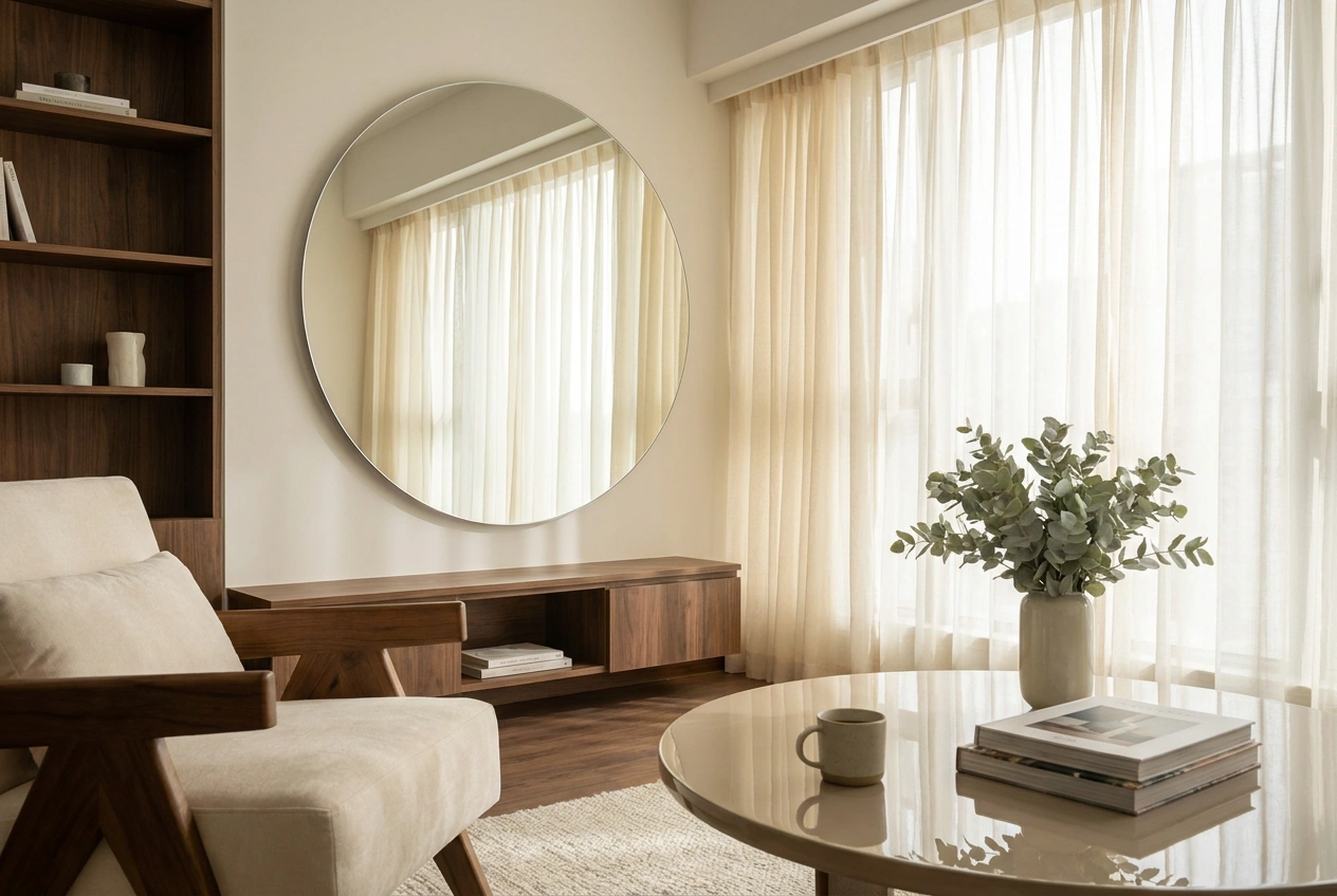 Small Hong Kong flat brightened with an unobstructed window, light cohesive colours and a large wall mirror reflecting daylight deeper into the room