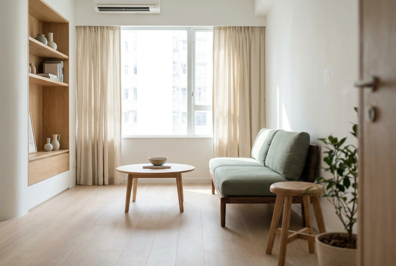 Restrained small Hong Kong flat interior with a single material palette, clear surfaces and slim furniture, avoiding bulky pieces and busy patterns
