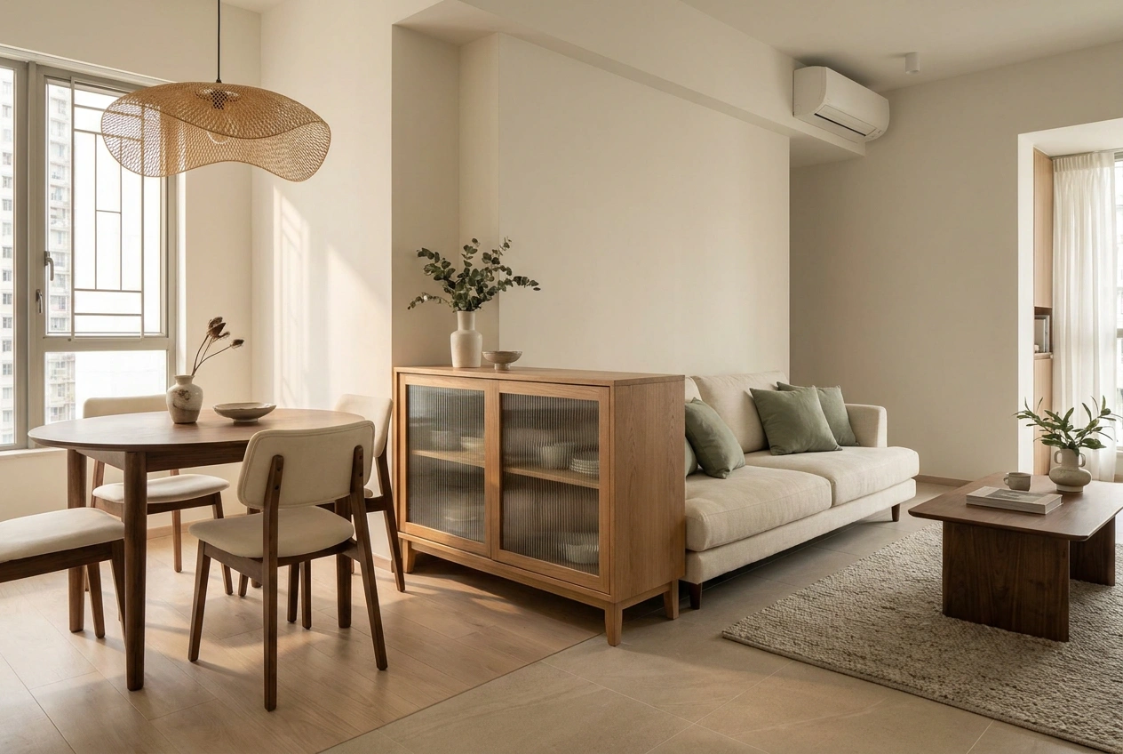 Floor-to-ceiling built-in shelving in a compact Hong Kong interior, showing space-saving storage planning