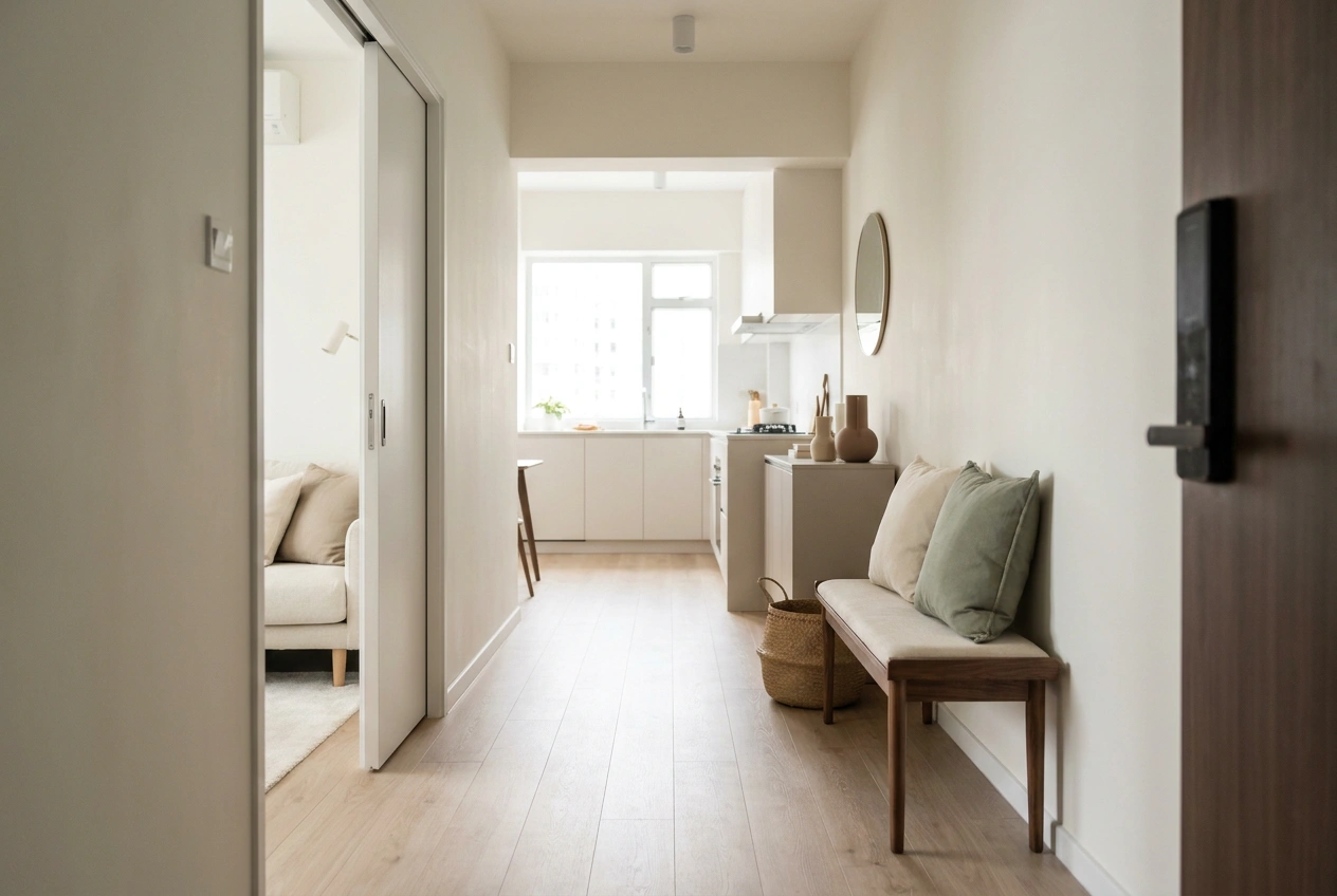 Clear walking path through a small Hong Kong flat from the entrance toward the kitchen, with a sliding pocket door instead of a swing door