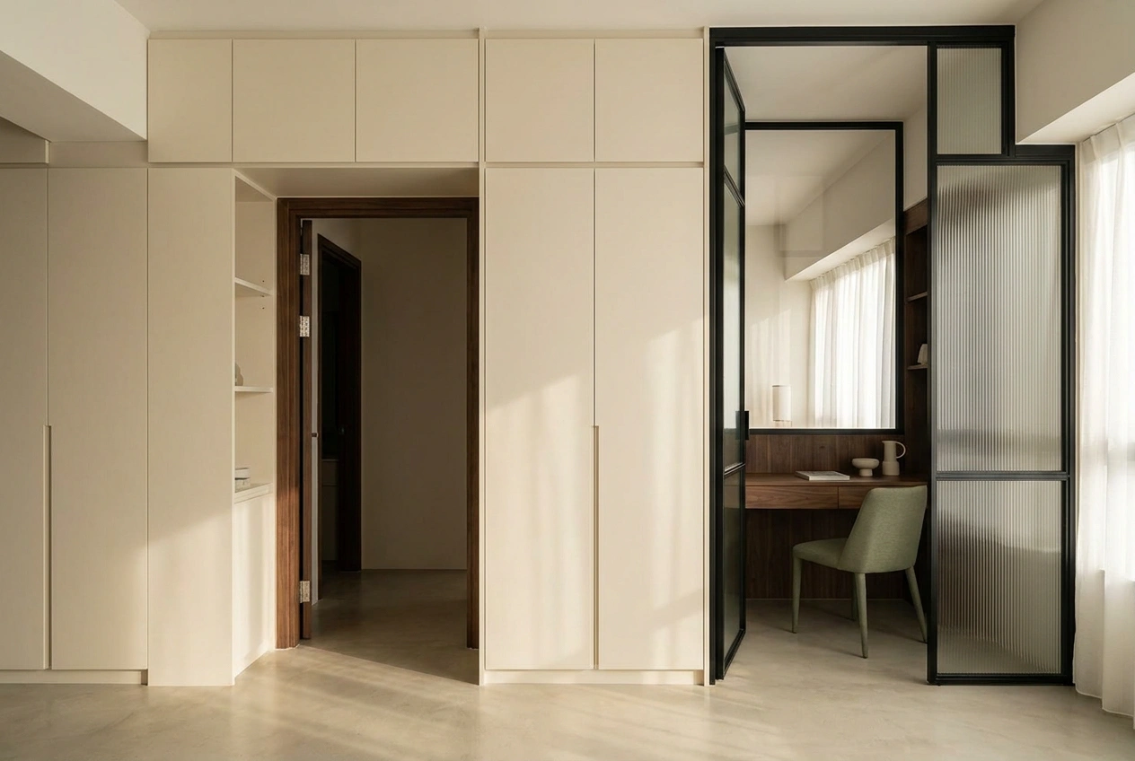Floor-to-ceiling built-in joinery wrapping a doorway in a Hong Kong flat, with a glass partition borrowing daylight into an inner room