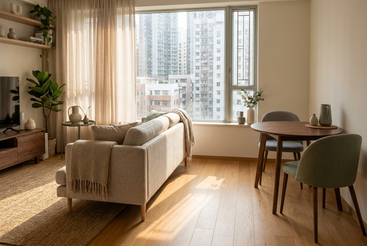 Compact Hong Kong living room furnished with a slim low-backed sofa on raised legs and a round dining table tucked into a corner