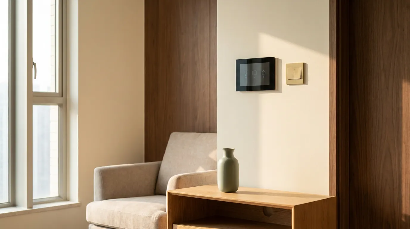 Hong Kong apartment living room corner with a wall-mounted smart-home control panel, brushed brass switch, warm walnut paneling and afternoon light