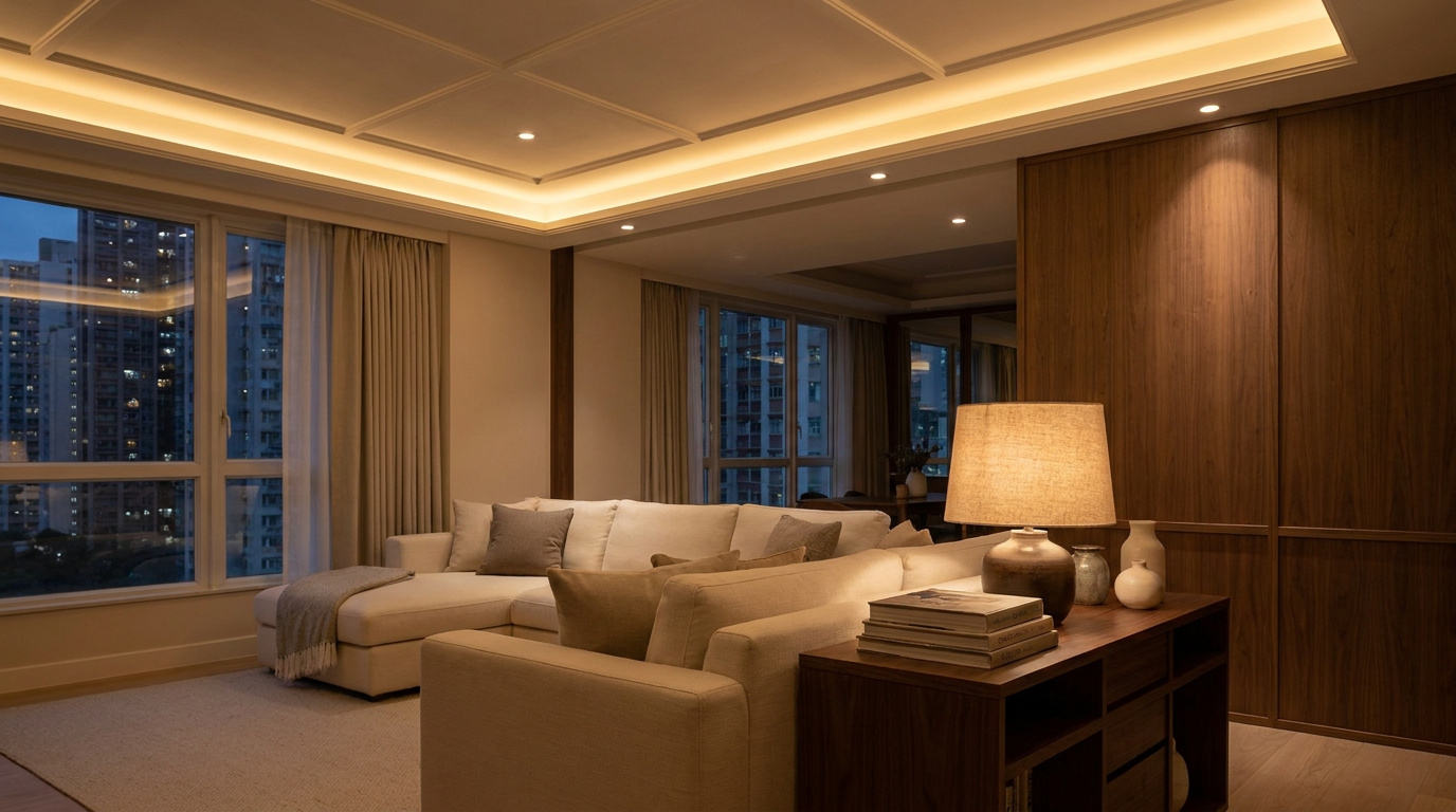 A warm Hong Kong living room at dusk with layered lighting: a concealed cove wash, recessed dimmable downlights and a table lamp, illustrating the lighting scheme planned at renovation.