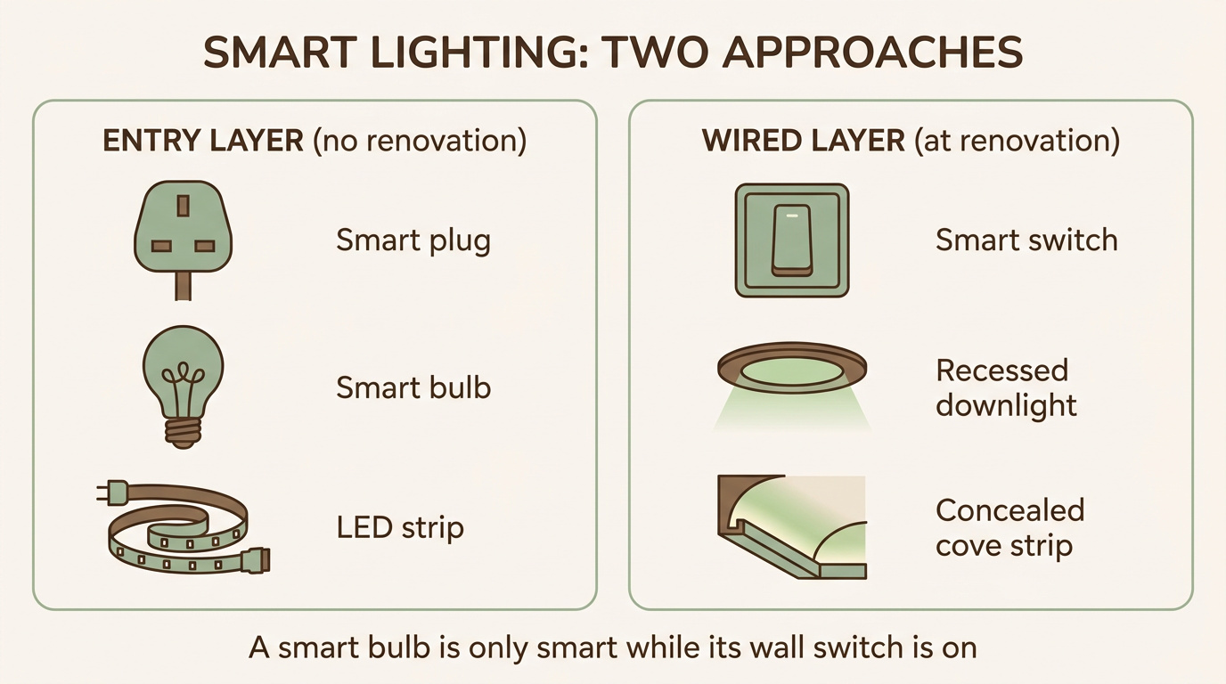 Diagram comparing the renter entry layer (smart plug, smart bulb, stick-on LED strip, no renovation) with the wired layer planned in a renovation (smart switch, recessed dimmable downlights, concealed cove strip).