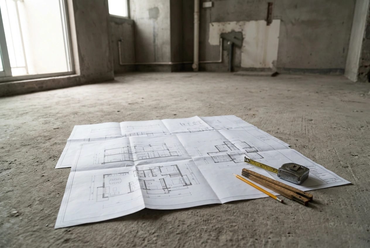 Approved building plans spread across a table in a Hong Kong flat during a renovation survey, with a tape measure and pencil