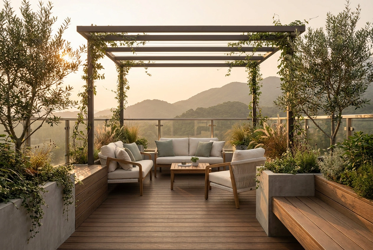 Private rooftop terrace of a Hong Kong village house with timber decking, planters and seating, a green hillside view beyond and waterproofed surfaces