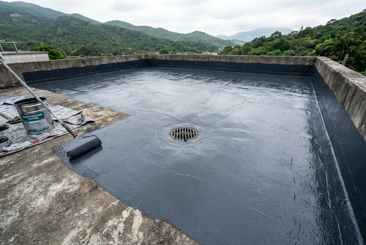 Waterproofing works on a Hong Kong village house roof with a liquid membrane applied across the slab and a roof drain set ready for heavy rain