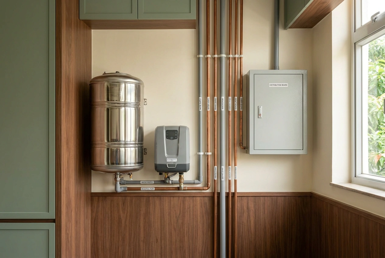Building services in a Hong Kong village house with a water tank, pump and pipework arranged to maintain pressure across multiple floors