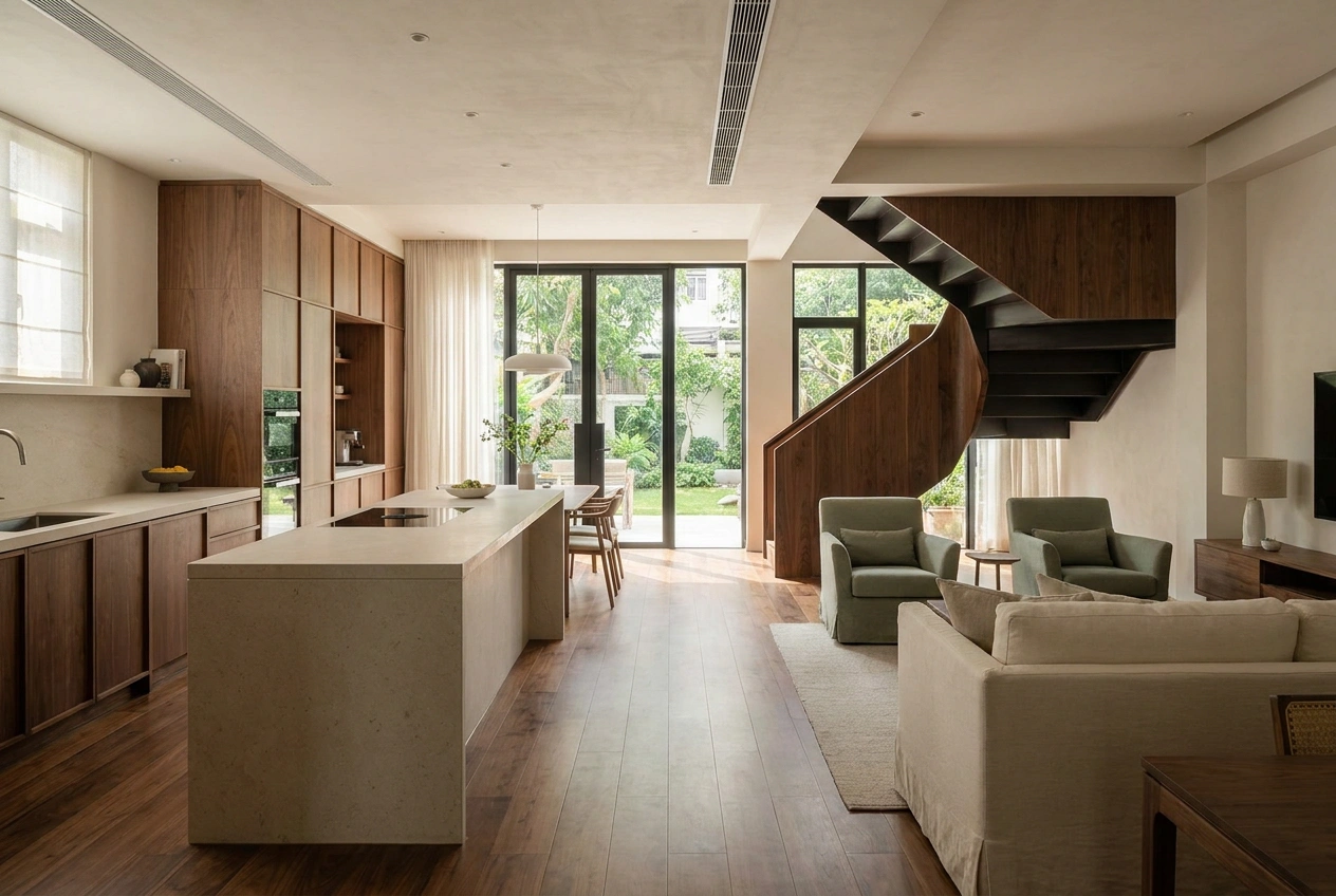 Finished open-plan ground floor of a renovated Hong Kong village house tying living, dining and kitchen together with consistent materials across the home