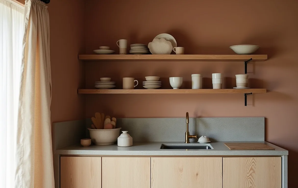 Wabi-sabi kitchen nook with a microcement counter, pale oak shelving, handmade ceramics and a matte clay-toned wall