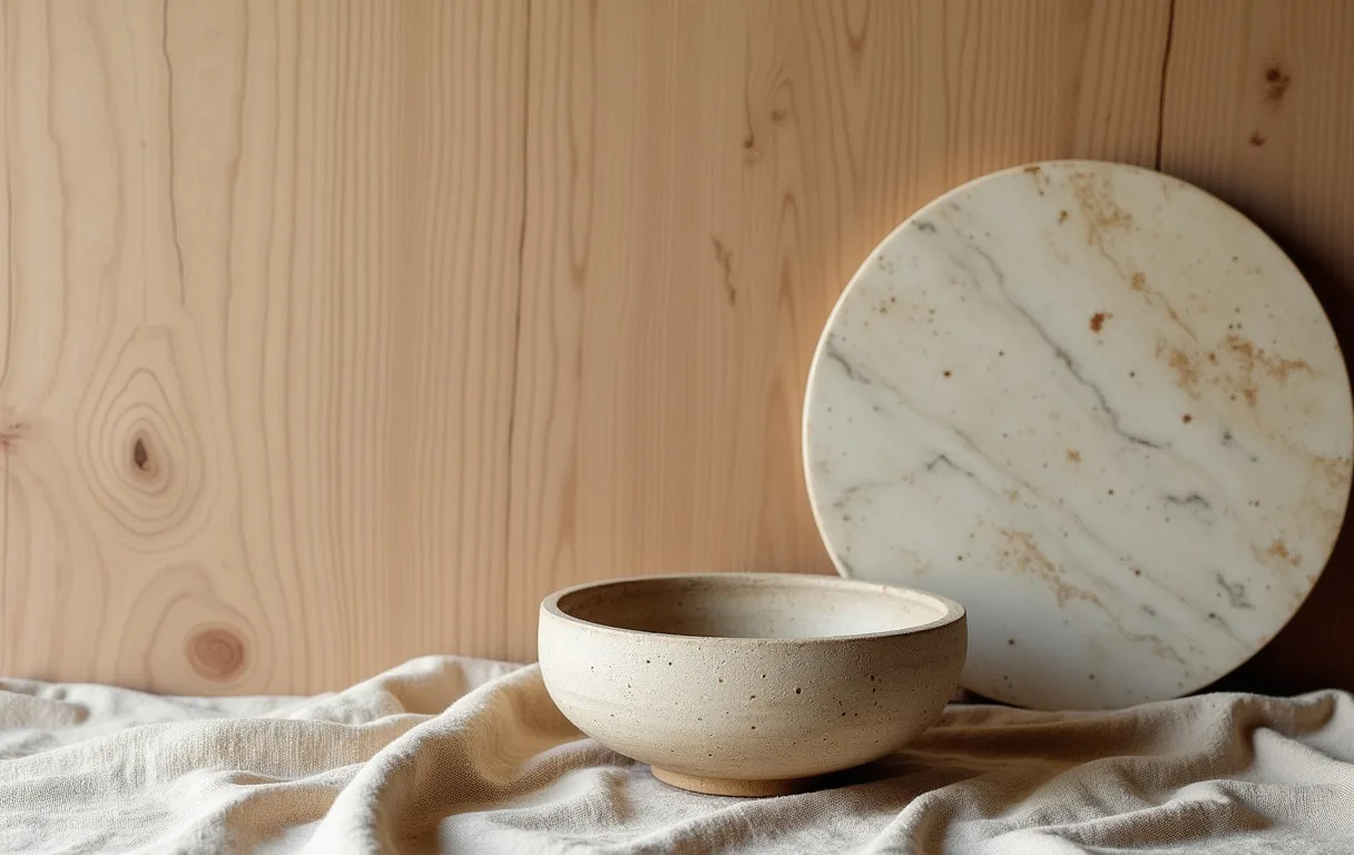 Wabi-sabi materials: pale oak wood grain, a rough handmade stoneware bowl, a round travertine slab and oatmeal linen
