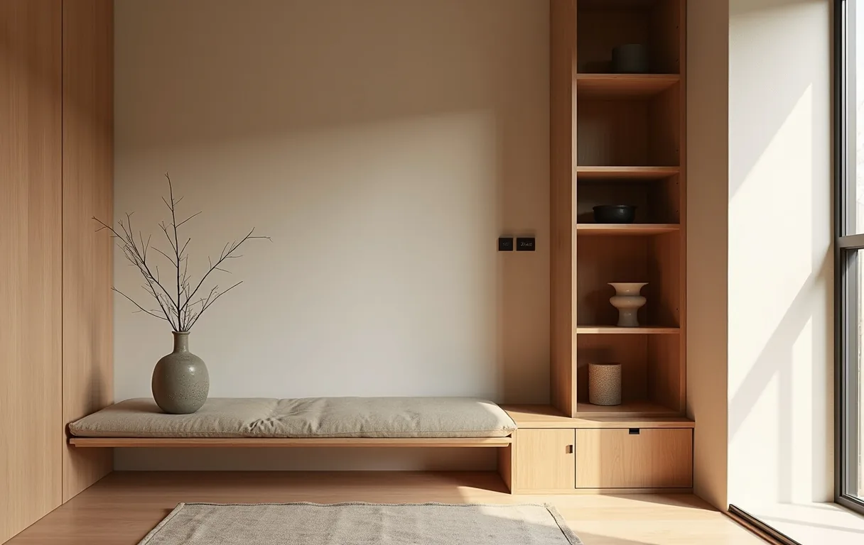 Small Hong Kong flat living corner in wabi-sabi style with a warm plaster wall, a low oak bench, a linen cushion and generous empty space