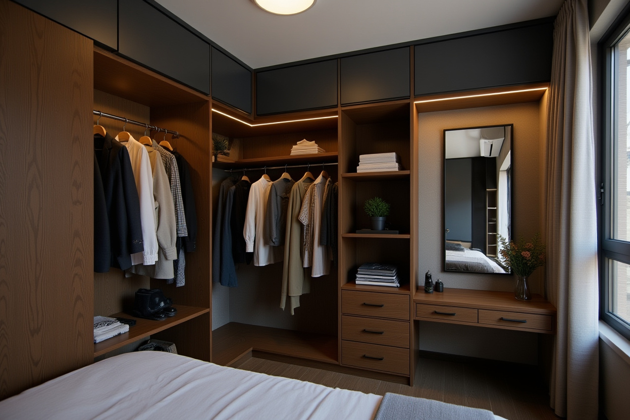 Custom walk-in closet joinery in a compact Hong Kong bedroom, floor-to-ceiling wardrobe with a walking aisle, an Artwill Interior Design House project
