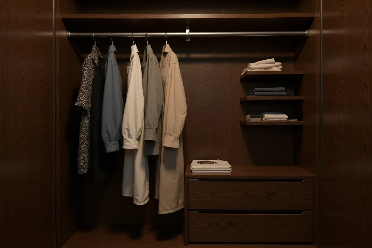 Close view of an organised closet interior, a hanging rail of garments above folded-shelf compartments and soft-close drawers in dark oak