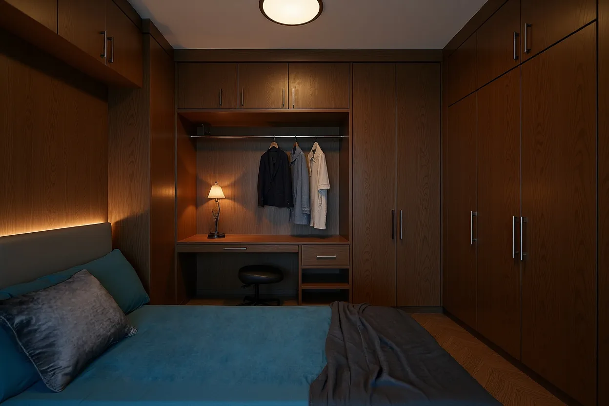 A Hong Kong bedroom with a full wall of dark oak fitted wardrobe joinery, an open hanging-and-shelving section in the middle and a slim desk built in beside it