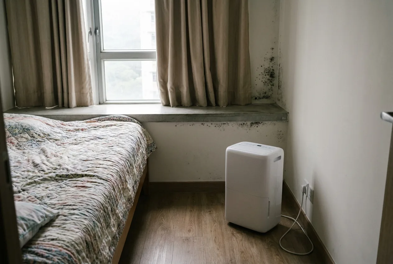Black mould spots in the corner of a wall beside a window in a Hong Kong flat, with a dehumidifier nearby