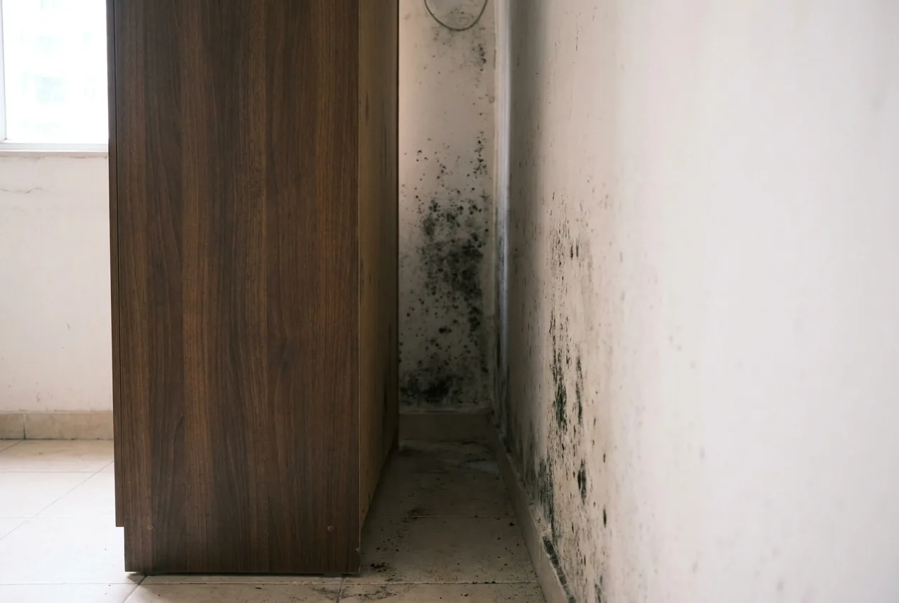 A wardrobe standing just off a cold external wall, with black mould on the walls in the narrow gap beside it