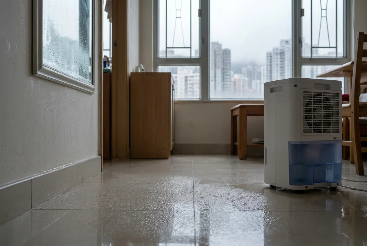 Condensation droplets on glossy floor tiles in a Hong Kong flat on a damp day, windows closed, dehumidifier running