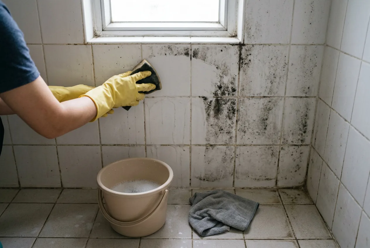 Gloved hands wiping mould off bathroom tiles with a sponge, a bucket of soapy water beside