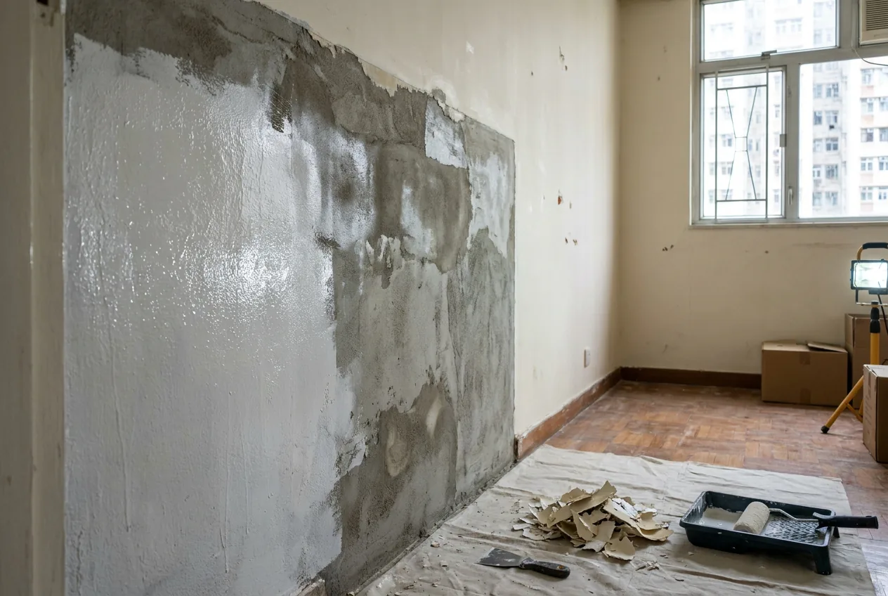 A wall patch scraped back to bare cement render and partly primed, with a roller tray and scraper on a dust sheet