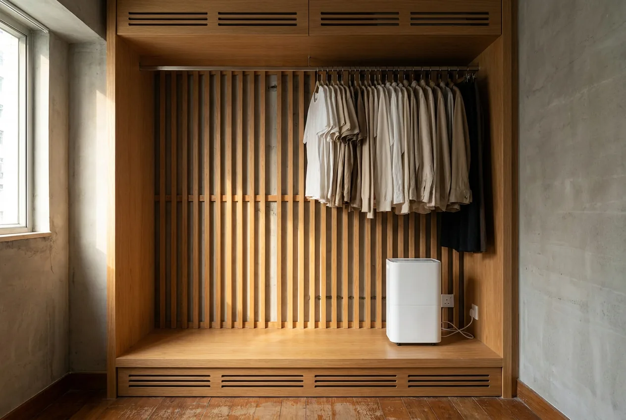 A built-in wardrobe with a slatted back, ventilation slots and a dehumidifier beside a socket