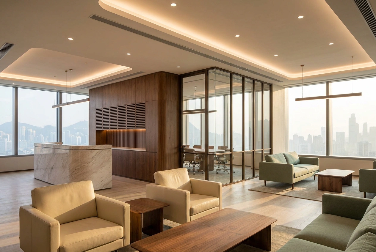 Modern Hong Kong office interior with an open reception lounge, a glass-partitioned meeting room, walnut and marble finishes and a city skyline view